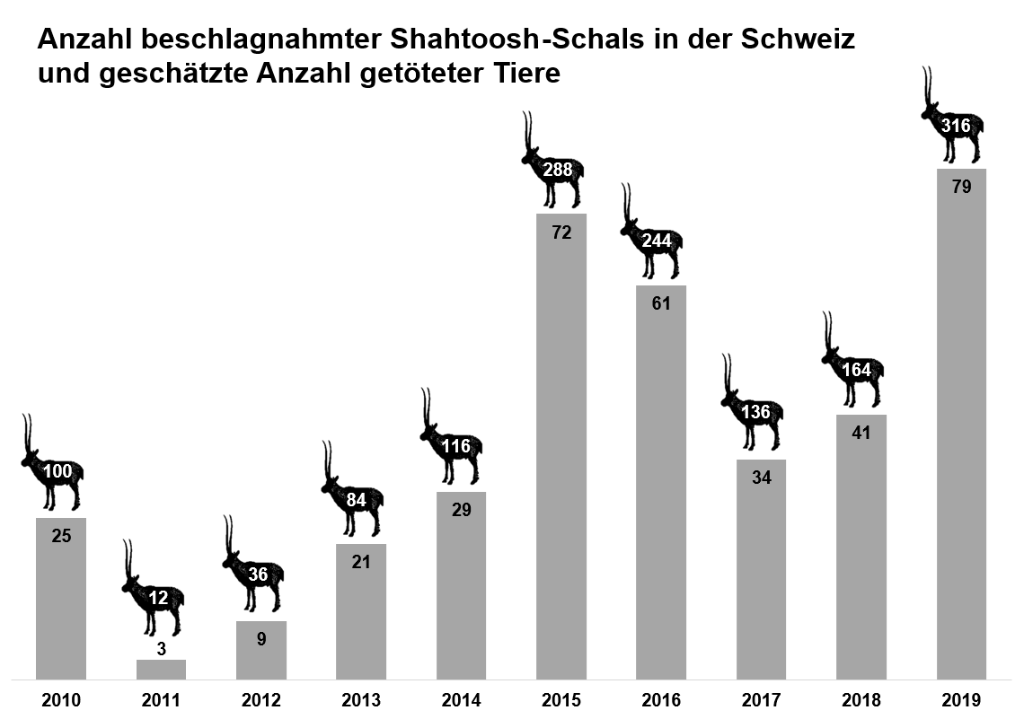 Anzahl beschlagnahmter Shahtoosh-Schals in der Schweiz und geschätzte Anzahl getöteter Tiere