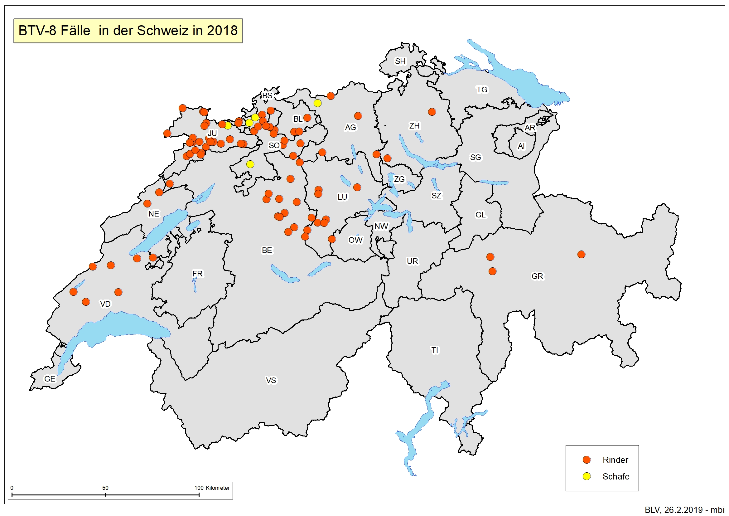 BTV-8-Fälle in der Schweiz 2018