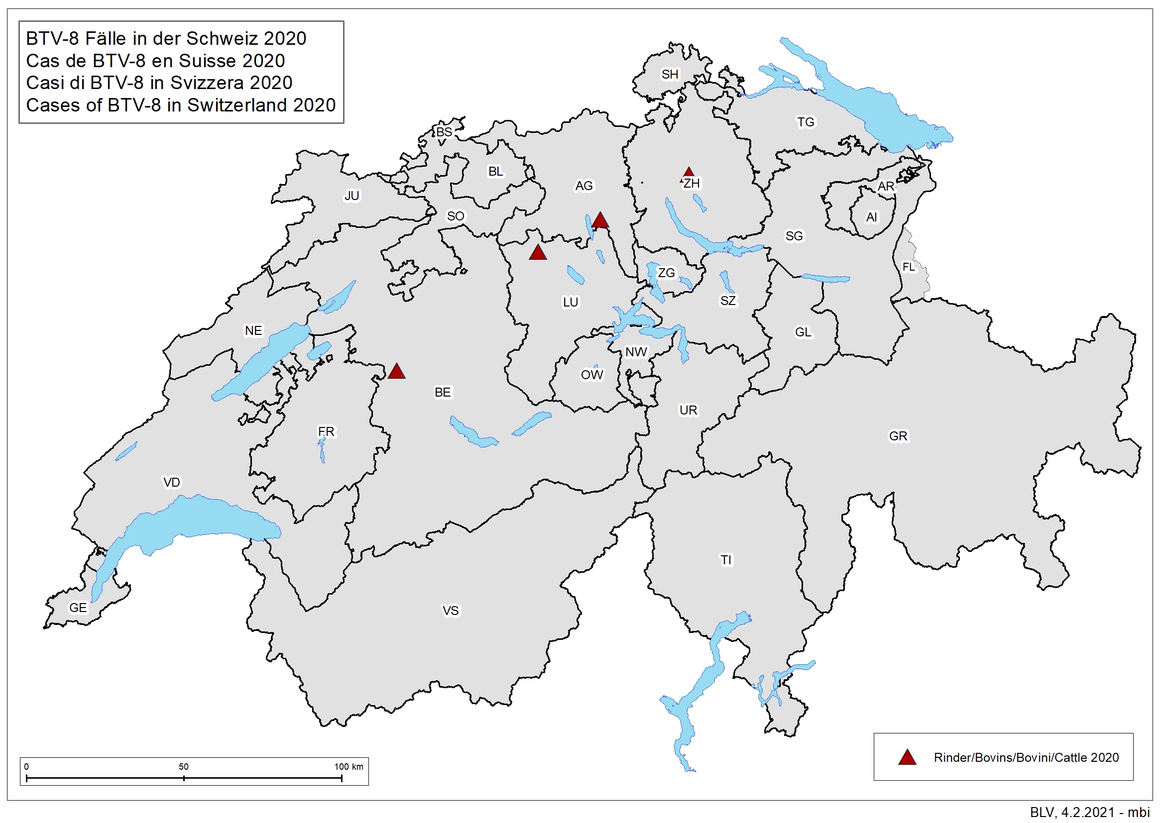 BTV-8-Fälle in der Schweiz 2020